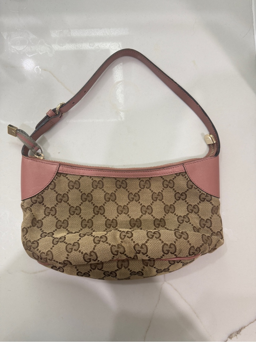 Gucci Beige GG Canvas Shoulder Bag with Pink Leather Trim